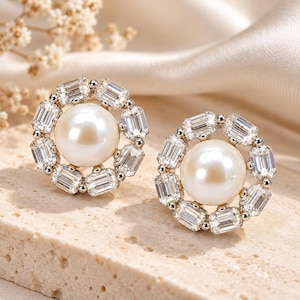 Pearl Stud Earrings, Crystal Halo Earrings, Vintage Bridal Jewelry, S925 Silver Posts, Wedding Earrings, Gift for Her