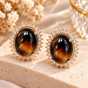 Orecchini a perno ovali vintage, orecchini con alone di cristalli marroni, orecchini a perno di grande effetto color oro, perni in argento S925, regalo elegante per lei