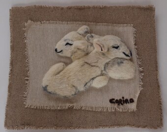 Irish Original Felt Needle Felted Painting by CORINA HOGAN Nestling Lambs OOAK - Made To Order In 3 Days