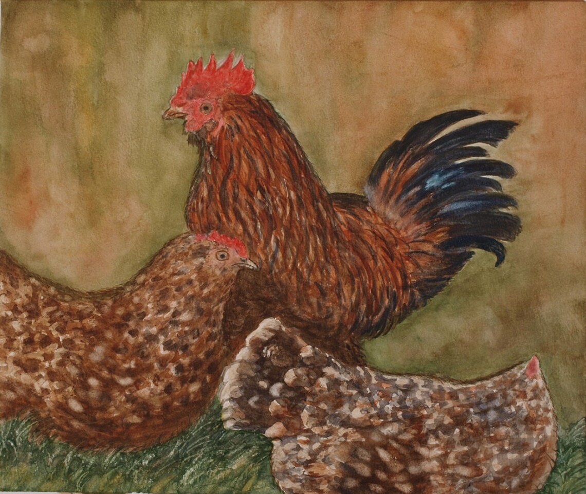Original Signed Irish Watercolour Painting by Artist MARIE LEWIS Hens