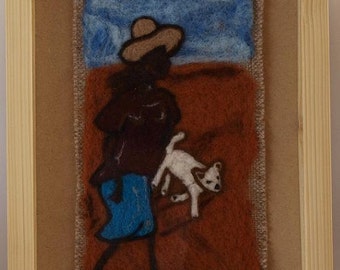 Irish Original Felt Needle Felted Painting by CORINA HOGAN African Lady And Dog OOAK