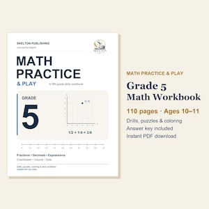 5th Grade Math Workbook, 110 Printable Worksheets: Decimals, Fractions, Order of Operations, Answer Key