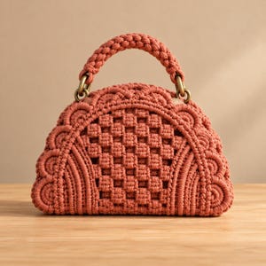 May include: A terracotta-coloured handbag crafted from macrame cord, featuring a semi-circular shape with a woven grid pattern in the centre, decorative scalloped edges, and a thick braided handle attached with circular brass-toned metal rings.
