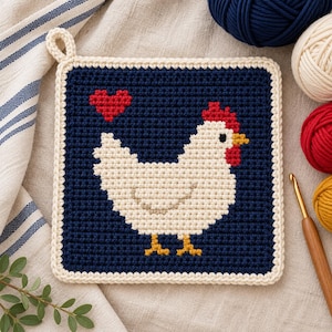 Puede incluir: Un agarrador de cocina cuadrado de ganchillo con una gallina blanca de cresta roja y pico amarillo sobre un fondo azul oscuro. Un pequeño corazón rojo se sitúa sobre la gallina. El agarrador tiene un borde color crema y una pequeña asa.