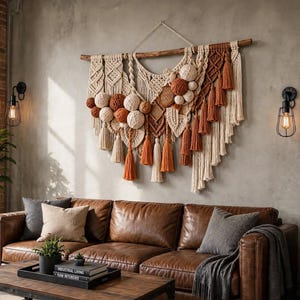 May include: A large macrame wall hanging suspended from a wooden branch, featuring intricate knotted patterns in cream, tan, and burnt orange. The design incorporates spherical yarn accents and multiple hanging tassels of varying lengths and colors.