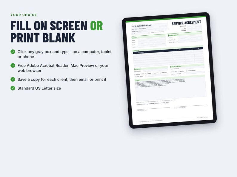 Lawn Care Service Agreement, Fillable PDF Contract Template (instant ...