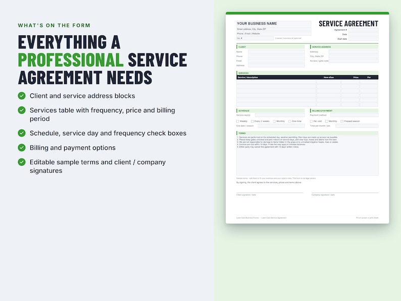Lawn Care Service Agreement, Fillable PDF Contract Template (instant ...