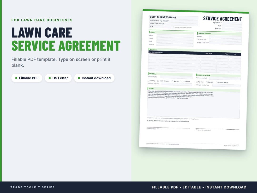 Lawn Care Service Agreement, Fillable PDF Contract Template (instant ...