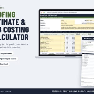 Puede incluir: Un calculador digital de presupuestos y costes de techado en una pantalla de portátil, con una interfaz de hoja de cálculo con columnas para artículos, cantidades y costes, junto a un documento de presupuesto autocompletado en PDF.