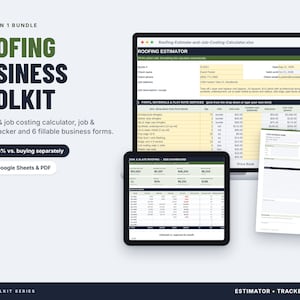 Può includere: Un kit di strumenti per aziende di coperture edili che include un calcolatore digitale per preventivi e costi, un sistema di tracciamento di lavori e fatture e sei moduli compilabili. L'immagine mostra un portatile, un tablet e un documento.