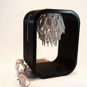 Puede incluir: Una lámpara con marco rectangular negro de esquinas redondeadas que contiene una pantalla blanca impresa en 3D con forma orgánica compleja suspendida desde arriba. Un pequeño mando a distancia con botones de colores descansa en la base.