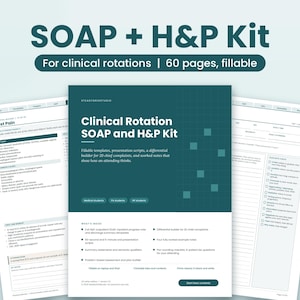 Peut inclure: Un kit SOAP et H&P remplissable de 60 pages pour les stages cliniques, avec une couverture bleu sarcelle foncé, du texte blanc et des motifs en grille. Le kit comprend des modèles pour les notes de patients et des scripts de présentation.