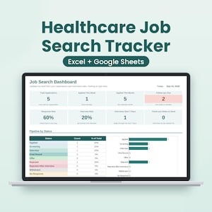 Puede incluir: Un rastreador digital de búsqueda de empleo en el sector sanitario en la pantalla de un portátil, con un panel de control de Excel y Google Sheets que muestra métricas de solicitudes, tasas de entrevistas y un gráfico de estado.