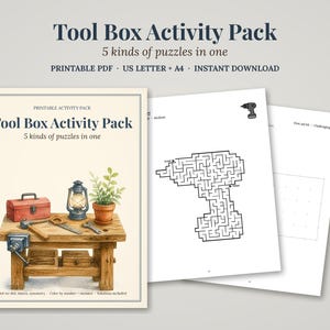 Könnte beinhalten: Ein druckbares Tool Box Activity Pack mit 5 verschiedenen Rätselarten. Das Deckblatt zeigt eine hölzerne Werkbank mit rotem Werkzeugkasten, Laterne und Topfpflanze. Weitere Seiten enthalten ein bohrerförmiges Labyrinth und ein Punkt-zu-Punkt-Gitter.