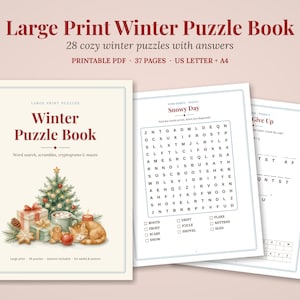 May include: A printable Winter Puzzle Book featuring 28 puzzles, including word searches, scrambles, cryptograms, and mazes. The cover displays a Christmas tree, gifts, a mug, and a cat. Includes 37 pages in US Letter and A4 sizes.