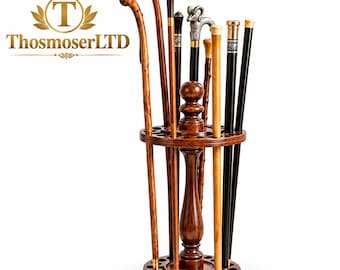 Soporte de madera para bastón, organizador de bastones artesanal, estante para bastones de nogal vintage, almacenamiento de lujo para ayudas a la movilidad, hogar elegante