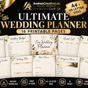 Può includere: Un set di pianificatore di matrimonio digitale con 16 pagine stampabili in formato A4 e US Letter. La collezione include modelli per il budget del matrimonio, la lista degli invitati, il tracciamento dei fornitori e il piano dei tavoli.