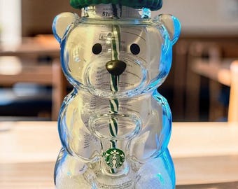 Starbucks Bearista Bear glasmugg, 20 oz iskaffekopp med sugrör