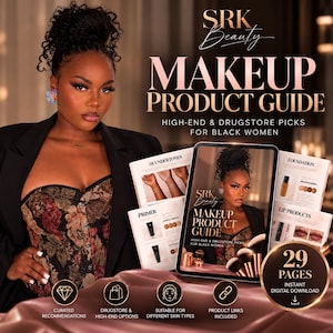 Pode incluir: Um guia digital de produtos de maquilhagem intitulado SRK Beauty Makeup Product Guide High-End & Drugstore Picks for Black Women. O guia tem 29 páginas, inclui links para produtos e apresenta secções para subtons, base, primer e produtos para lábios.