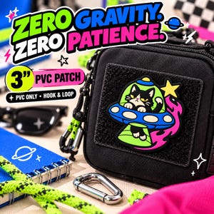 UFO Cat PVC Patch 3 Inch, Funny Unimpressed Kitty Alien Spaceship Tactical Morale Patch, Hook and Loop Backpack Accessory, Sci Fi Cat Lover