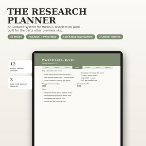 May include: The Research Planner, an undated system for thesis and dissertation work, features 36 pages, fillable and printable options, clickable navigation, and 2 color themes. The digital display shows a weekly spread with priorities and tasks.