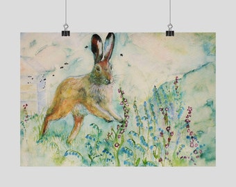 Hare Print Canvas different sizes Hare Skipping through Bluebells Morena Artina Fine Art Hare Canvas Hare Artist
