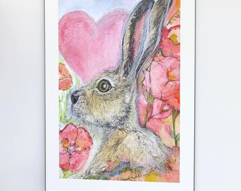 Hare Print Canvas different sizes Heart and Flowers Hare Morena Artina Fine Art Hare Canvas Hare Artist