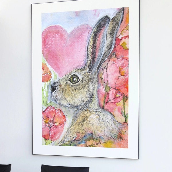 Hare Print Canvas different sizes Heart and Flowers Hare Morena Artina Fine Art Hare Canvas Hare Artist