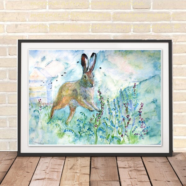 Hare Print Skipping through Bluebells