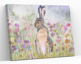 Hase Druck Leinwand verschiedene Größen Hase in Kornblumen Morena Artina Fine Art Hase Leinwand Hase Künstler