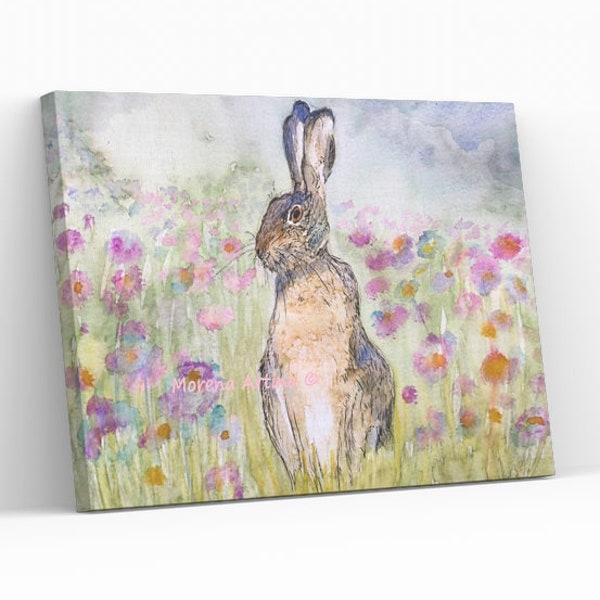 Hare Print Canvas different sizes Hare in Cornflowers  Morena Artina Fine Art Hare Canvas Hare Artist