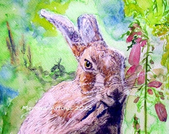 May include: Watercolor painting of a brown rabbit with pink flowers in the background. The rabbit is looking to the right and has its ears perked up. The painting is signed "Morena Artina 2013" in the bottom left corner.