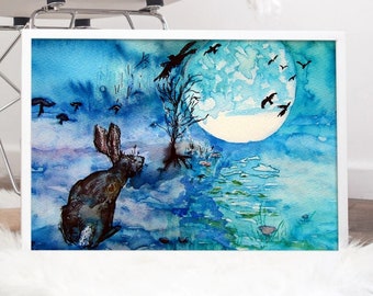 Hare Print Canvas different sizes Moon Gazing Hare and Oak Tree Morena Artina Fine Art Hare Canvas Hare Artist