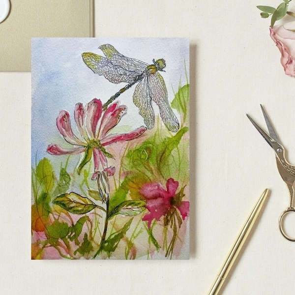 Dragonfly and Honeysuckle Greetings card blank inside Morena Artina Watercolour Painting