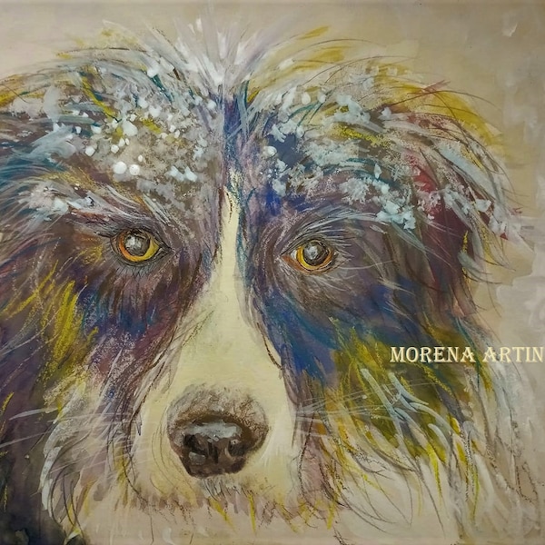 Border Collie in Snow Morena Artina Print based on Painting Dog Lover Sheep Shepherd Gift Mug Print Painting Cards