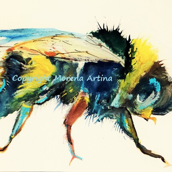 Wishy Washy Bumble Bee Print of Morena Artina Original Ink Painting on Watercolour Paper