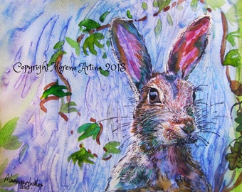 May include: Watercolor painting of a hare with brown and purple fur, set against a blue and green background. Green leaves and branches frame the rabbit. The text "Copyright Morena Artina 2018" and "Manarostudio 2018" are visible.