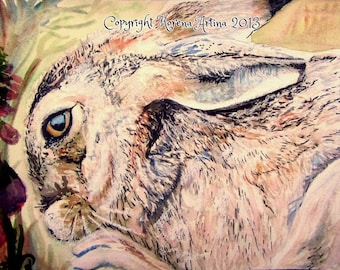 May include: Watercolor painting of a hare with detailed fur and a focused gaze. The artwork features a soft color palette of whites, browns, and blues, with a touch of purple flowers in the foreground. The text "Copyright Morena Artina 2013" is visible.