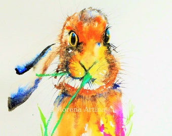 Hare Print Hungry Hare Print home decor, drawing, illustration, Watercolour Hare Painting Morena Artina rabbit hare artist