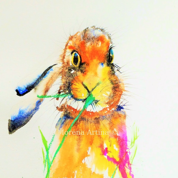 Hare Print Hungry Hare Print home decor, drawing, illustration, Watercolour Hare Painting Morena Artina rabbit hare artist