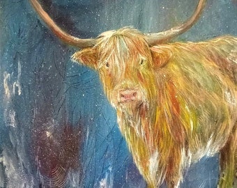 Original Painting Highland Cow Coo Scotland Scottish Cattle Christmas Gift Winter Farmhouse