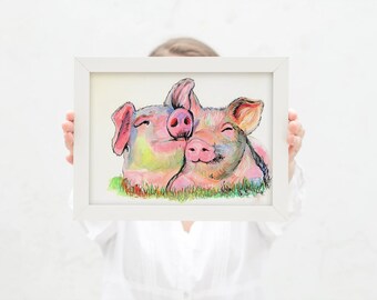 May include: A watercolor painting of two pink pigs cuddling. The pigs have closed eyes and are smiling. The painting is framed in a white frame.