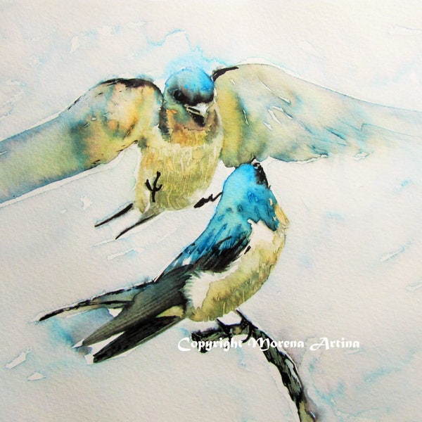 Swallows Print Feeding kissing Morena Artina Watercolour Painting cute love couple birds on wire