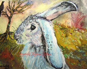 May include: A watercolor painting of a white rabbit with a long, floppy ear. The rabbit is looking to the left, and the background is a colorful abstract landscape with a small black bird perched on a branch.