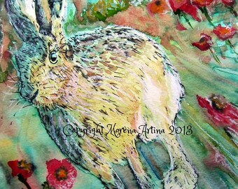 Hare Print Skipping Through Poppies