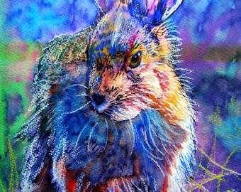 May include: A watercolor painting of a rabbit with blue, purple, and yellow fur. The rabbit is sitting in a field of green grass with a blue and purple background. The painting is signed "Morena Artina 2013" in the bottom right corner.