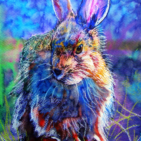Midnight Hare Beautiful Giclee Print of  Watercolour and Ink Painting on Watercolour Paper