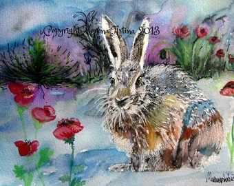 Hare and Poppies in Moonlight Beautiful Giclee Print of  Watercolour and Ink Painting on Watercolour Paper