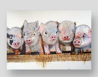May include: Five piglets with pink snouts and light gray fur are lined up looking at the camera. They are standing on a wooden fence with straw behind them.