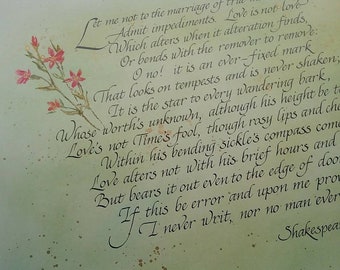 Calligraphed Shakespeare Sonnet 116 with gold accents